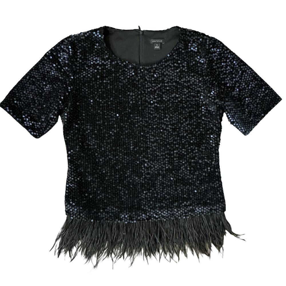 Ann Taylor Black Sequin Short Sleeve Feather Trim Round Neck Shirt Top Size XS - Picture 10 of 11